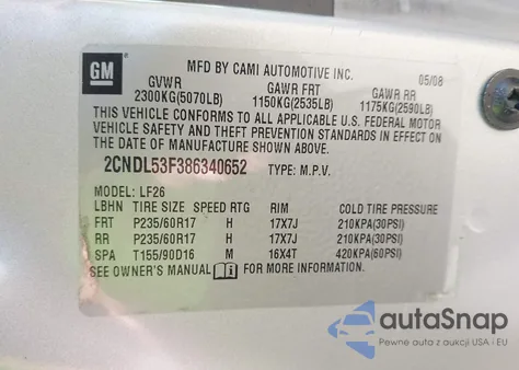 2008 Chevrolet Equinox Lt from USA, damaged, VIN 2CNDL53F386340652